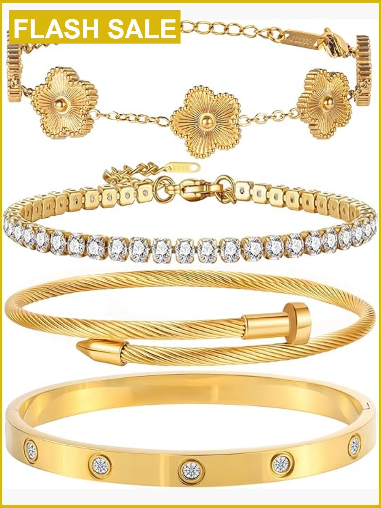 4-Piece Stackable Tennis Bracelet Set 18k Gold Plated Stainless Steel Adjustable